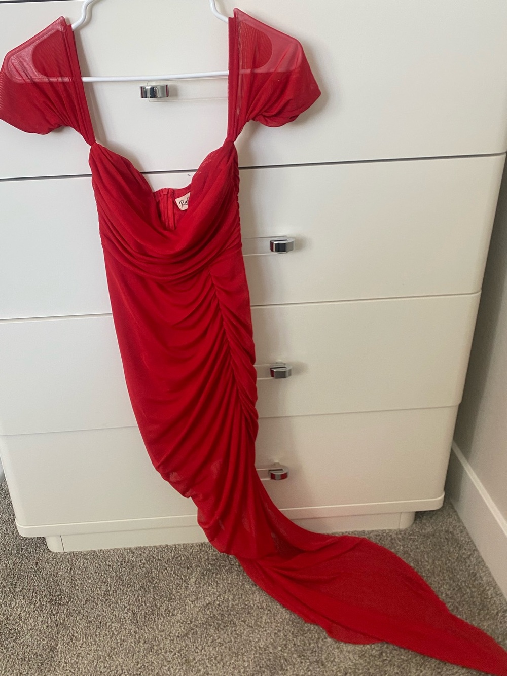 Red Ruched Off-Shoulder High-slit Dress - Picture 2 of 5